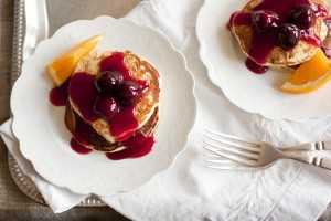 pancakes topped with cherry pie filling